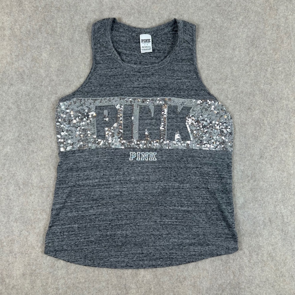 PINK Victoria's Secret Tank Top Womens Large‎ Gray Sequin Logo Tulip Back 1217